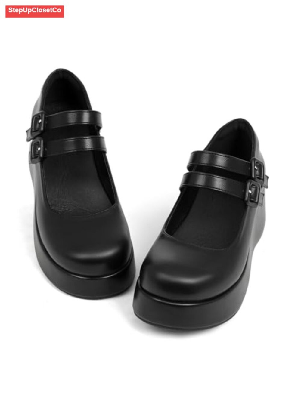 Women's Platform Chunky Heel Mary Janes Faux Leather Round Toe Double Strap
